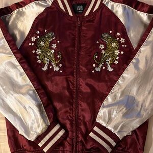 Women's Embroidered Bomber Jacket - Burgundy and White